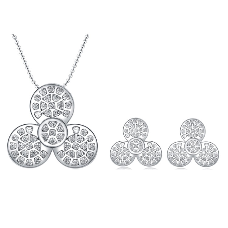 Trendy Luxury Bridal Zirconia Flower Earring Pendant Necklace 925 Sterling Silver Women Jewelry Set