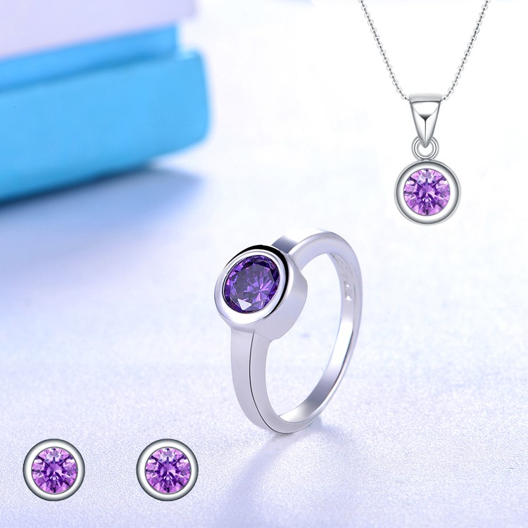 Luxury trendy 925 Sterling Sliver Pendant Cubic Zirconia Purple Jewelry Sets Women