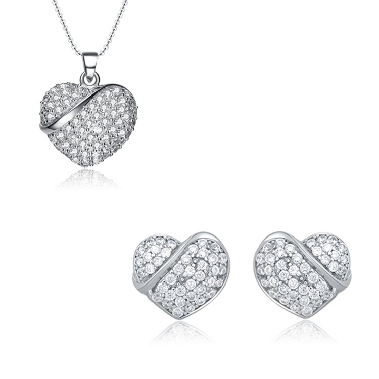 925 Sterling Sliver Pendant Earrings Cubic Zirconia Heart Jewelry Sets Women Pendant Earrings