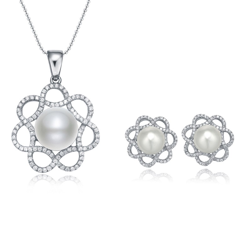  925 Sterling Silver Necklace Earrings Jewelry Set Cubic Zirconia Jewellery White Pearl