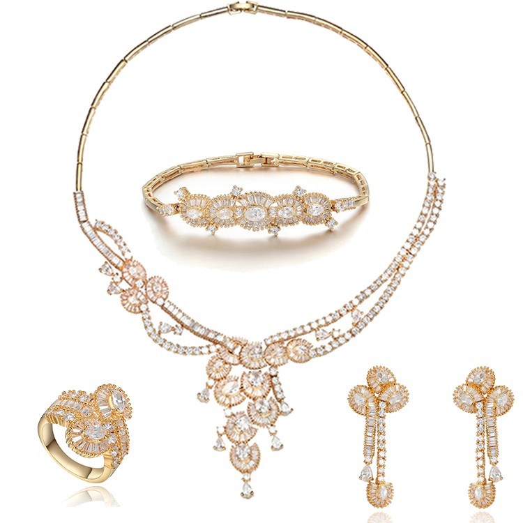 Women Necklace Earrings Ring Bracelet Luxury Bridal 925 Sterling Silver Gold Plated Jewelry Set