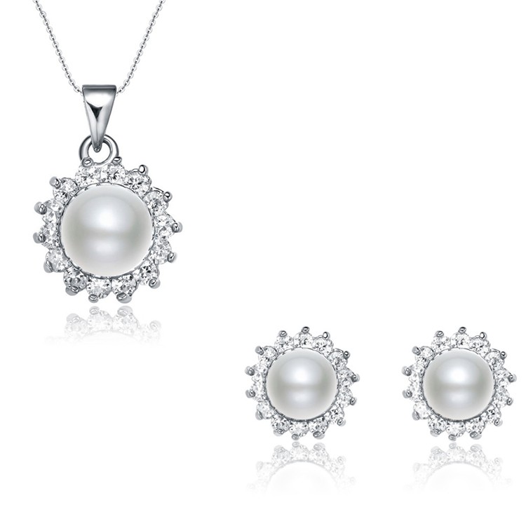 Trendy 2021 High Quality Hot Pearl Necklace And Earring Jewelry Women Sterling Silver Jewelry Set