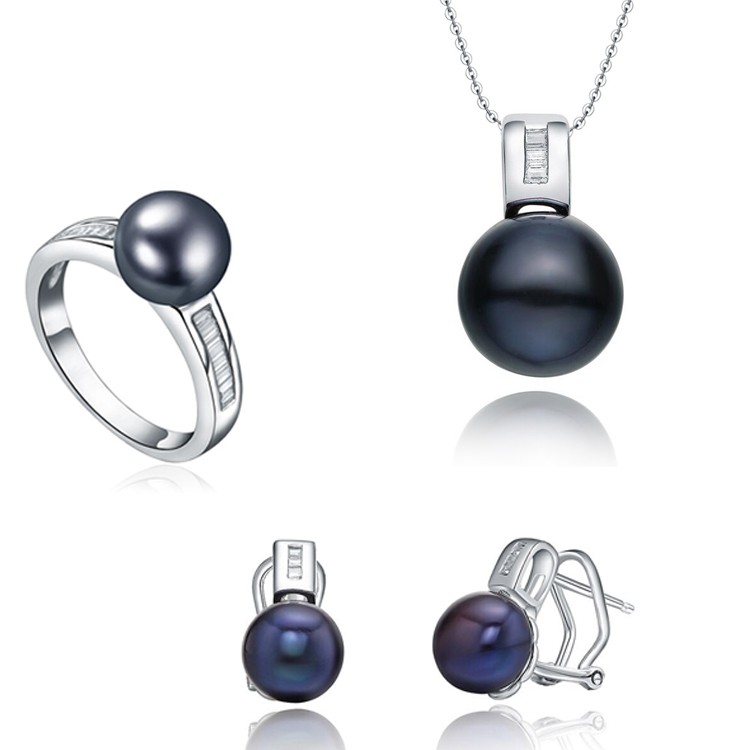  fresh water black pearl zircon 925 sterling silver classic luxury high quality gift jewelry set 