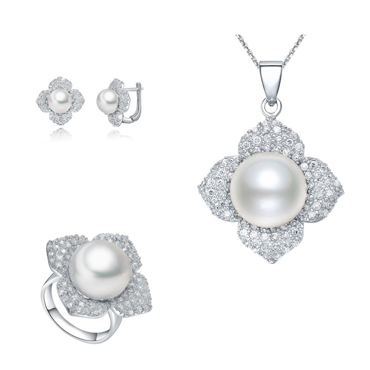 Newest Design Wedding Cz Flower Sterling Silver Freshwater Pearl Women Ring Jewelry Set