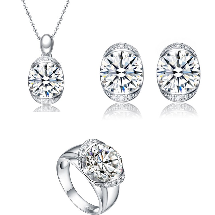 Simple Design Women Crystal Cz Necklace Rings Stud Earrings 925 Sterling Silver Jewelry Sets