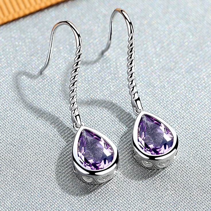 14K YELLOW GOLD OVER 925 STERLING SILVER DANGLING EARRINGS W/ LAB AMETHYST BEADS