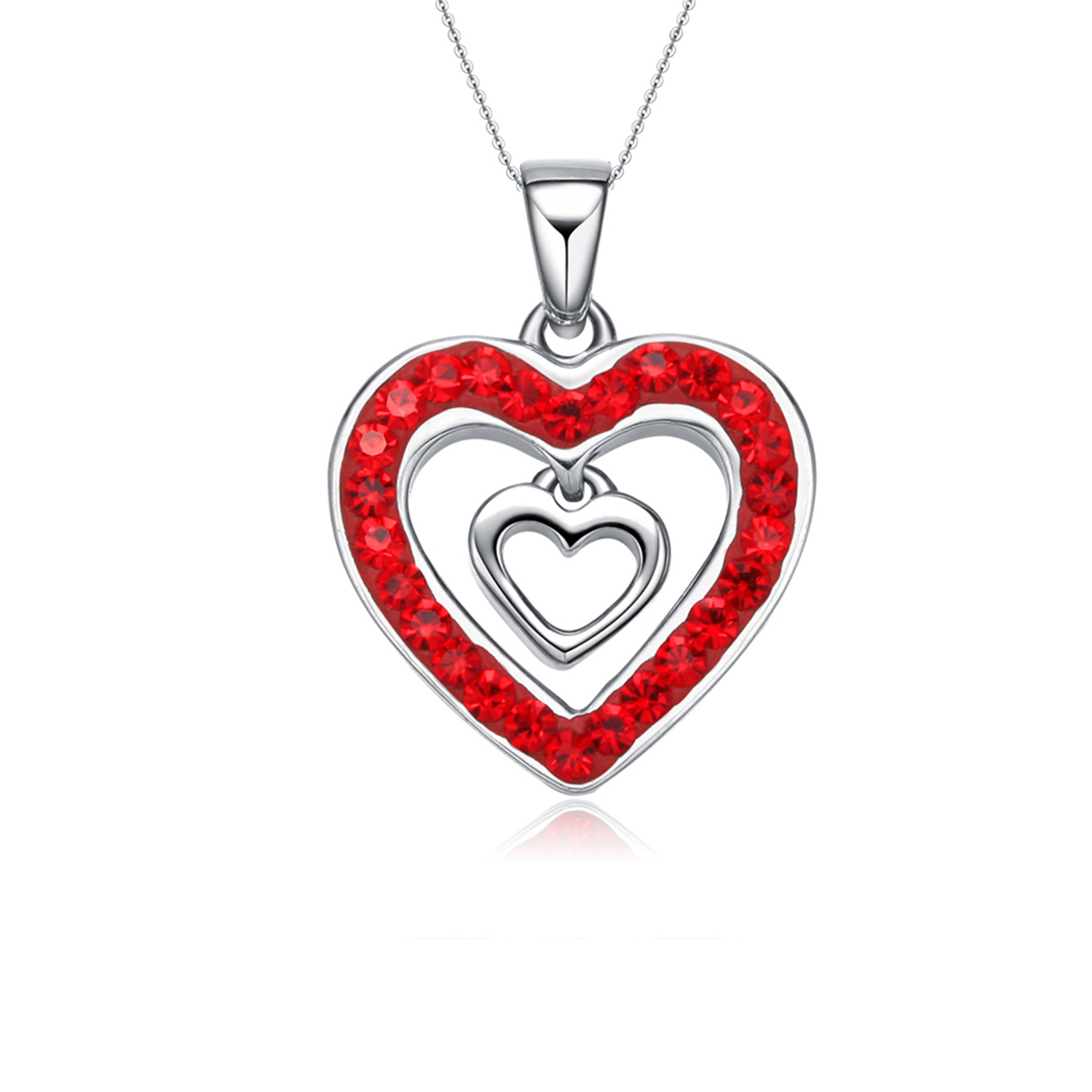 Women Jewelry Red Cubic Zirconia Love Heart Pendant Necklace 925 Sterling Silver(图1)