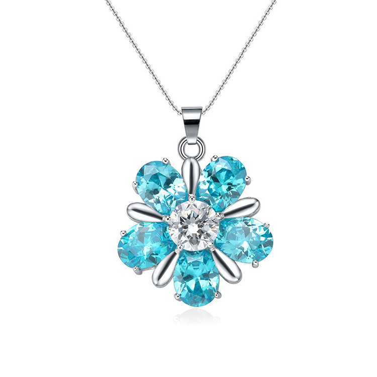 925 Sterling Siver Simple Pendant Necklace Blue Aquamarine Cubic Zirconia Jewelry(图1)