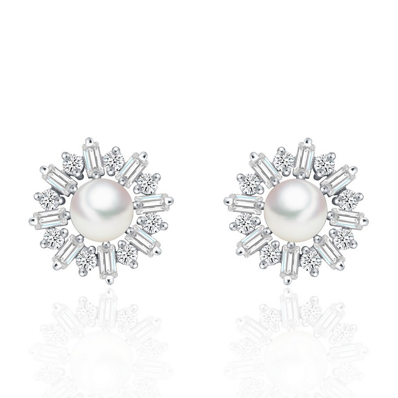 Star Harvest women pearl earring 925 silver flower women stud earrings jewelry pearl earrings(图1)