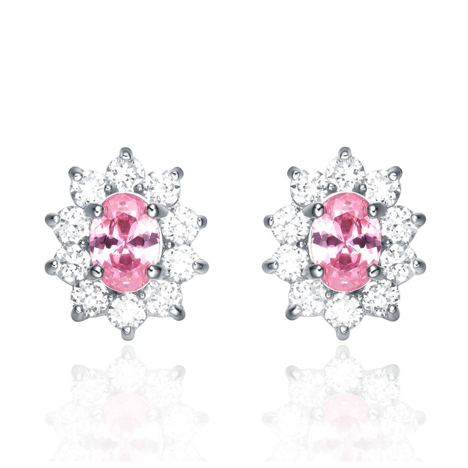  Pink CZ Stud Earrings Flower 925 Sterling Silver Women Bling Jewelry(图1)