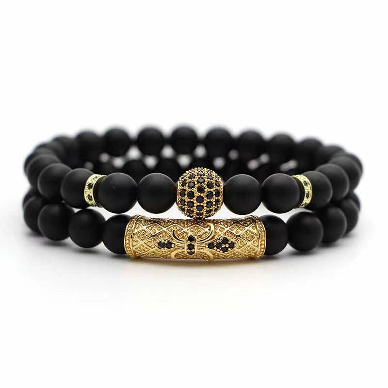 Jewelry Factory Antique Gold Rhodium Blackgun Plated Good Quality Jewelry Mens Beads Stone Bracelets(图2)