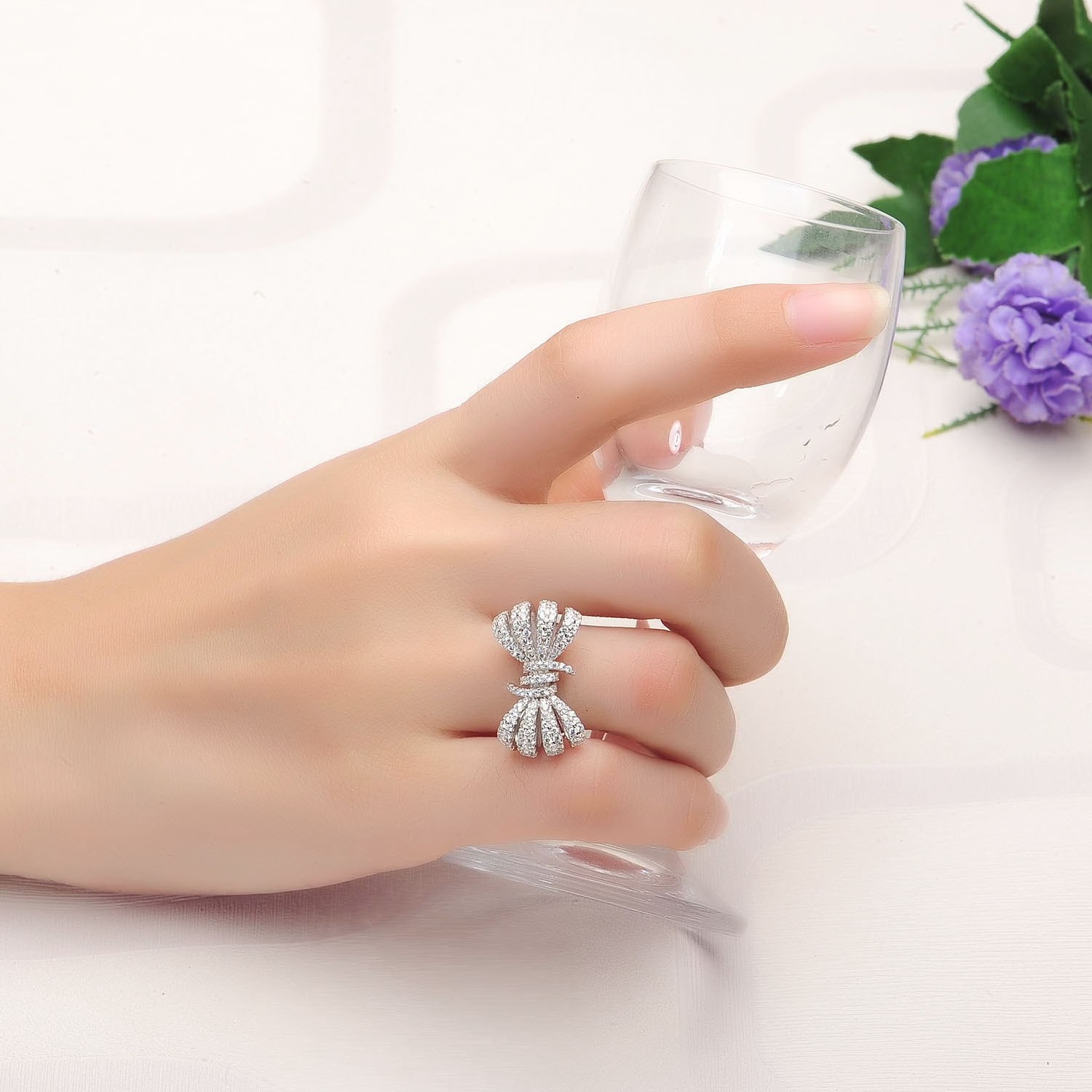 925 STerling Silver Elegant Cute Bowknot Rhodium Plated CZ Stone Women Jewelry(图1)