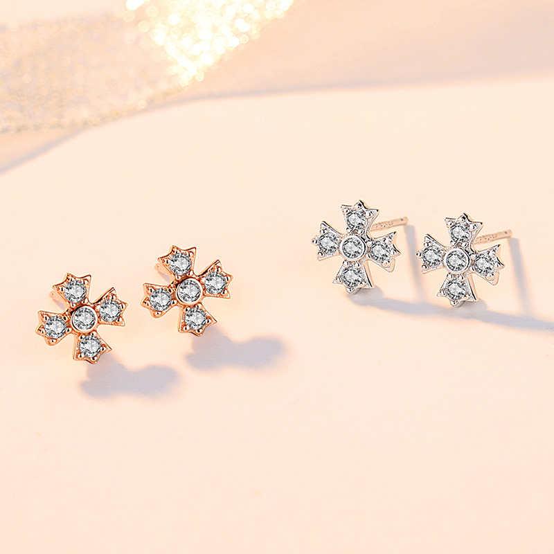 Fashion Zircon CZ Wholesale Women's Jewelry Cross 925 Sterling Silver Stud Earrings