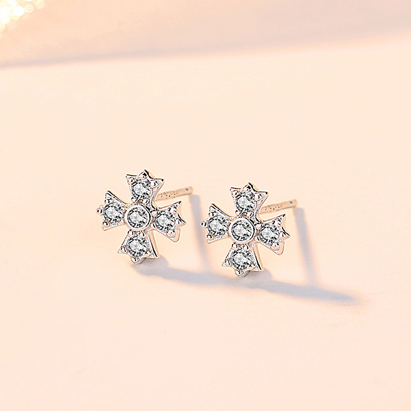 Fashion Zircon CZ Wholesale Women's Jewelry Cross 925 Sterling Silver Stud Earrings