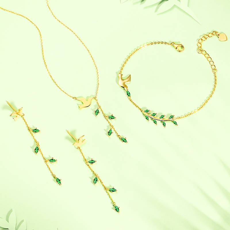 S925 Sterling Silver 18k Gold Plated  Peace Dove Green Leaf Pendant necklace(图6)