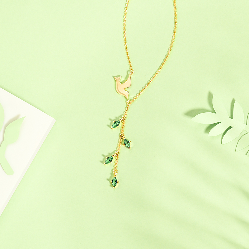 S925 Sterling Silver 18k Gold Plated  Peace Dove Green Leaf Pendant necklace(图7)