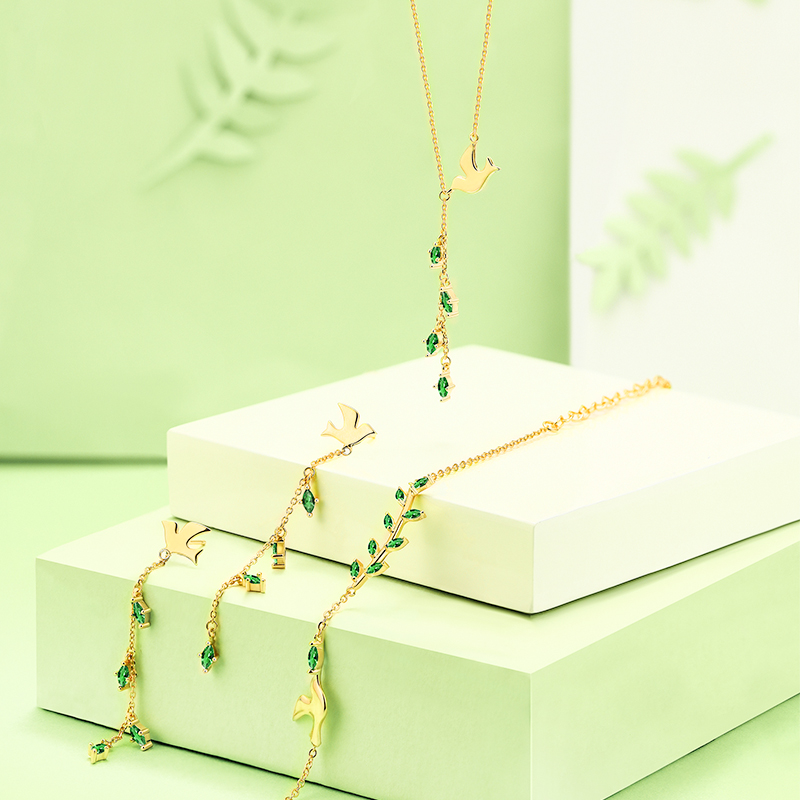 S925 Sterling Silver 18k Gold Plated  Peace Dove Green Leaf Pendant necklace(图8)