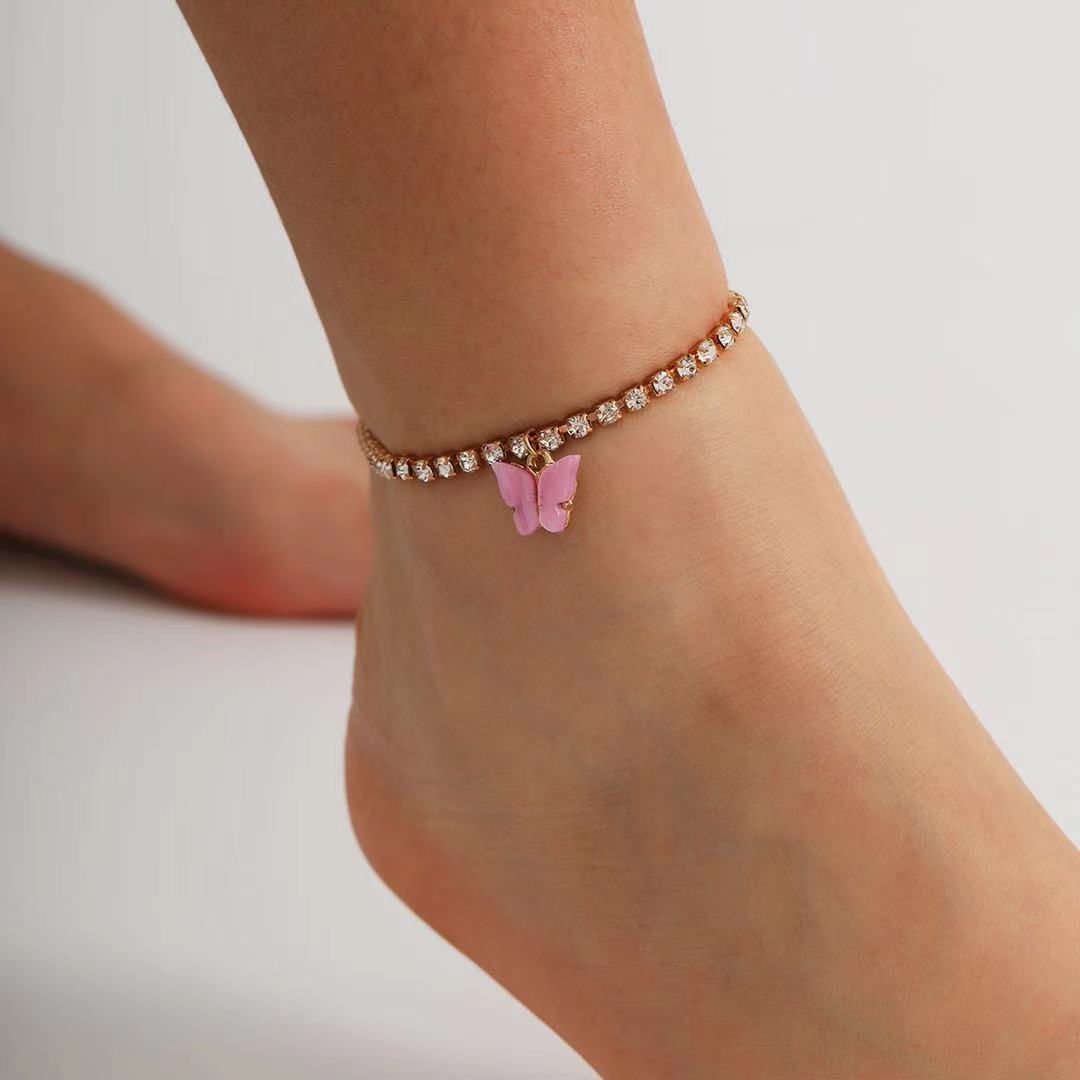 Ladies adjustable 18K gold plated crystal chain cubic zirconia butterfly anklet(图5)