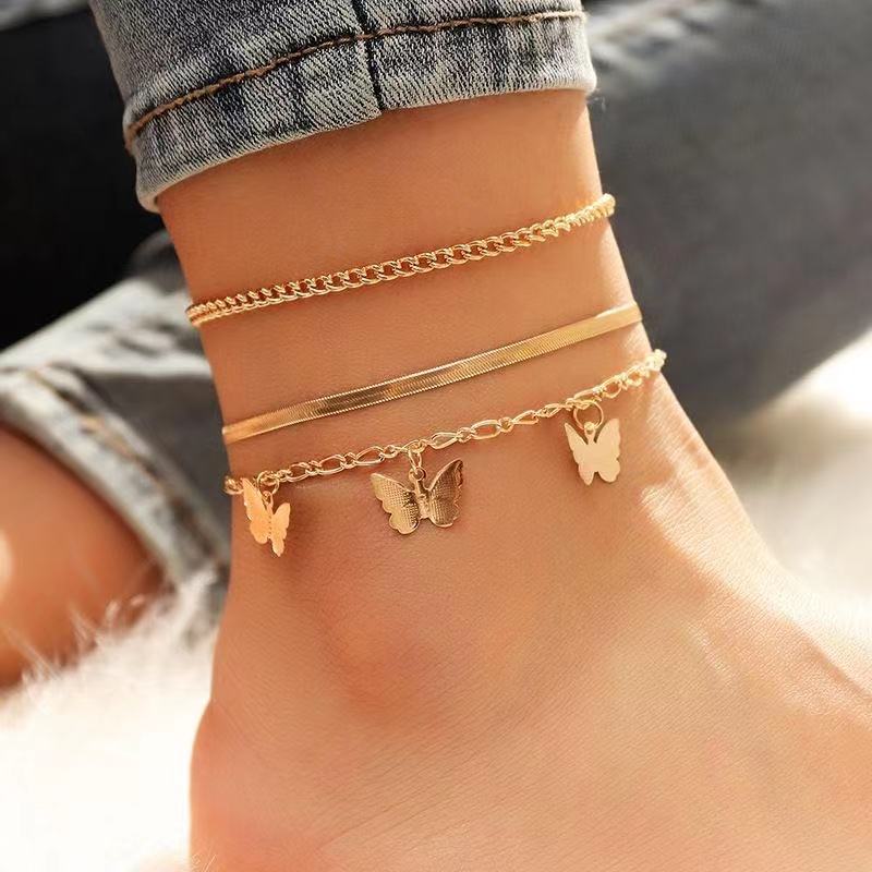 Multi-layer Cuban chain gold-plated butterfly pendant anklet(图1)