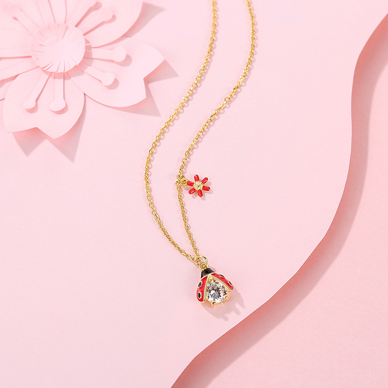 Dainty 18K Gold Plated Jewelry Women Cubic Zirconia  Red and Black Cute Ladybug Pendant Necklace(图4)