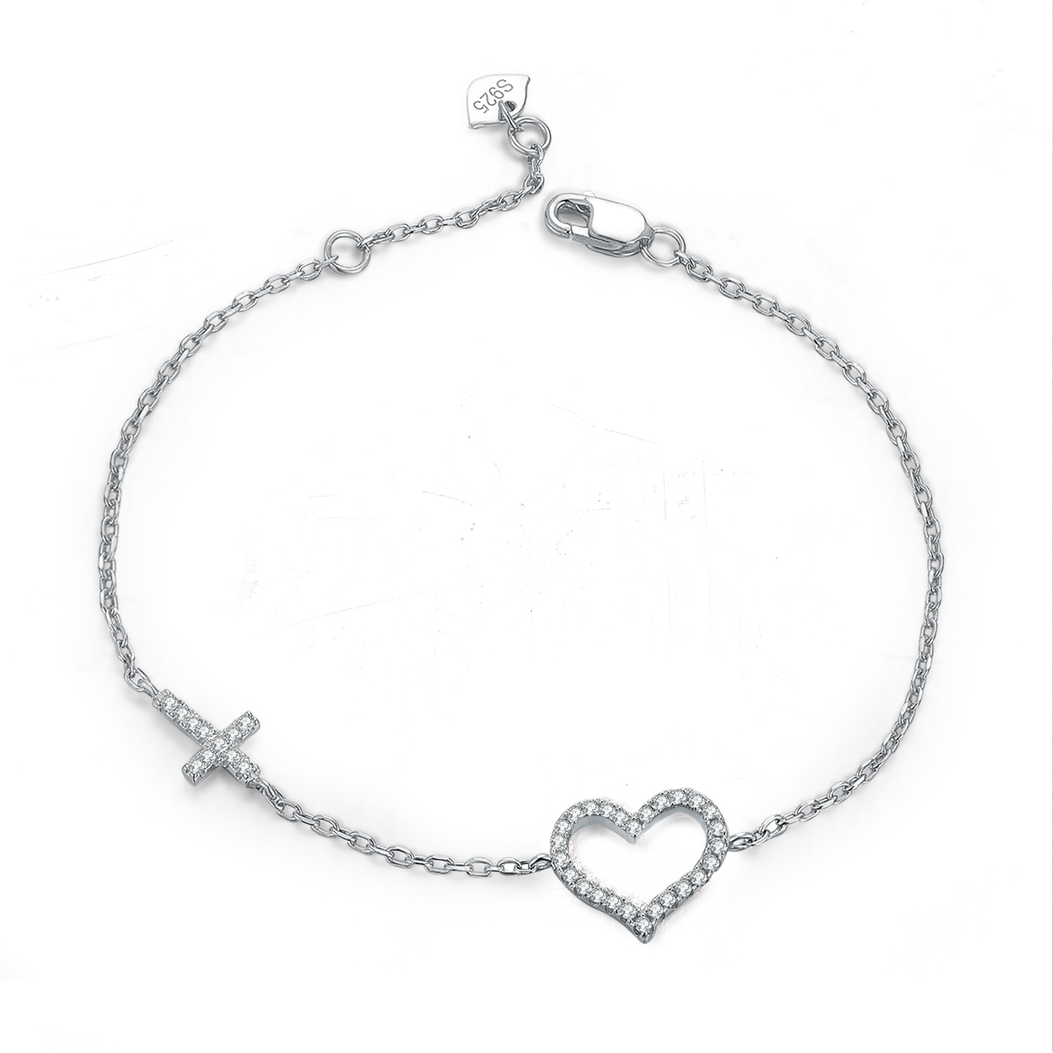 Fashion Cross Heart Shaped 925 Sterling Silver Bracelet Bangle Anniversary High Quality Jewelry Gift(图1)