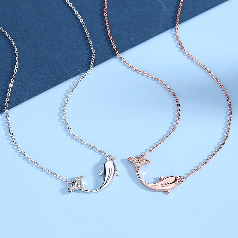 Angel caller925 Sterling Silver Cubic Zirconia Rose Gold Plated Chain Cute Dolphin  Pendant Necklace(图5)