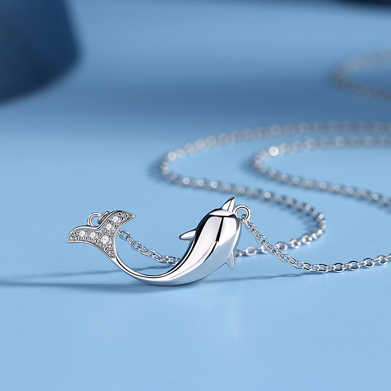 Angel caller925 Sterling Silver Cubic Zirconia Rose Gold Plated Chain Cute Dolphin  Pendant Necklace(图6)