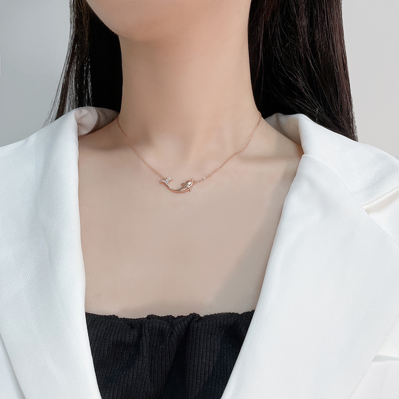 Angel caller925 Sterling Silver Cubic Zirconia Rose Gold Plated Chain Cute Dolphin  Pendant Necklace(图7)