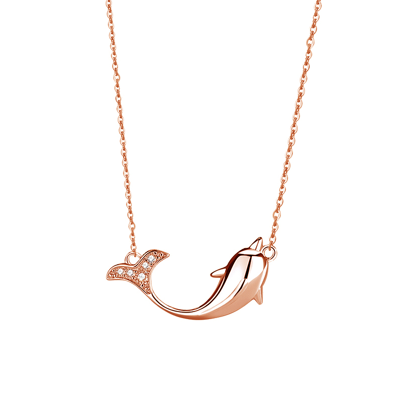 Angel caller925 Sterling Silver Cubic Zirconia Rose Gold Plated Chain Cute Dolphin  Pendant Necklace(图8)