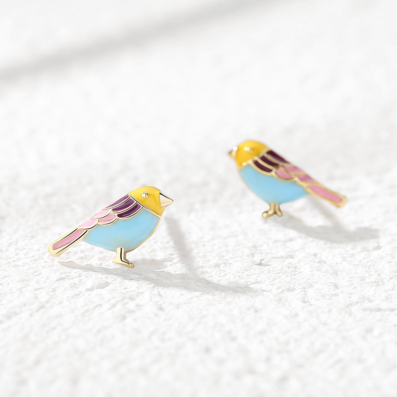 Wholesale Multicolored Birds Design 925 Sterling Silver Gold Plated Small Earrings Jewelry Women Fashion Cute Stud Earrings