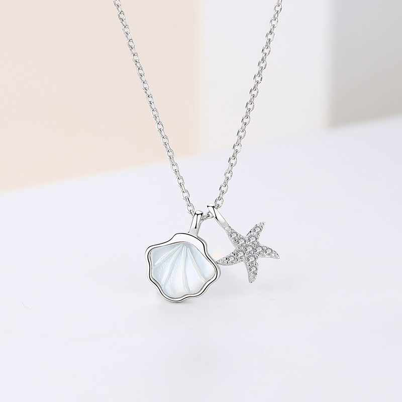 Designer Charm Chain Zircon Sterling Silver Rose Gold Plated Shell Starfish pendant Necklace(图7)