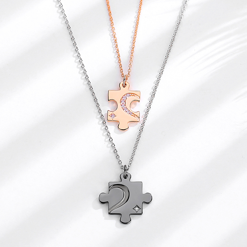 Personalized  S925 Rose Gold Plated Cubic Zirconia Link Chain Couple Puzzle Pendant Necklace(图5)