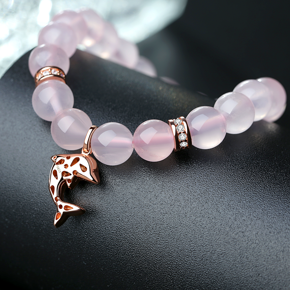 Ladies Rose Gold Plated Alloy Dolphin Diamond Cute Pendant 8mm Round Rose Quartz Crystal Beaded Brac(图6)