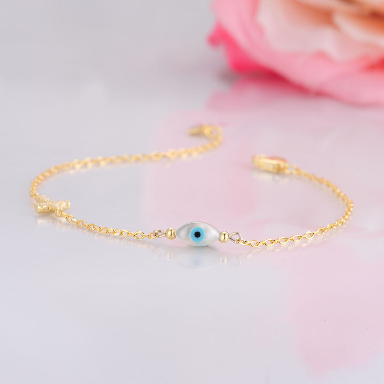 Jewelry  Bracelet Women 925 Sterling Silver Cubic Zirconia Gold Plated Cross Evil Eyes Bracelet(图3)