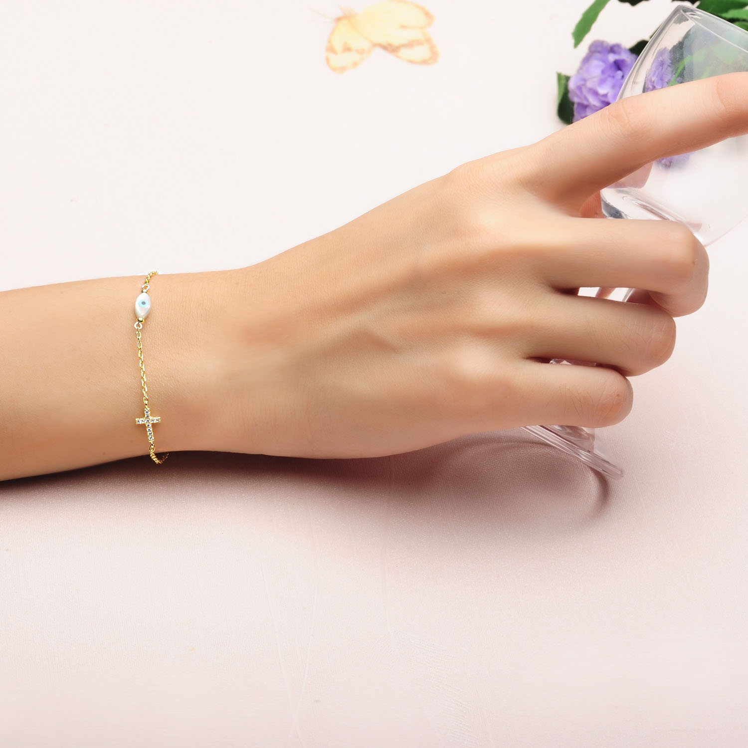 Jewelry  Bracelet Women 925 Sterling Silver Cubic Zirconia Gold Plated Cross Evil Eyes Bracelet(图5)