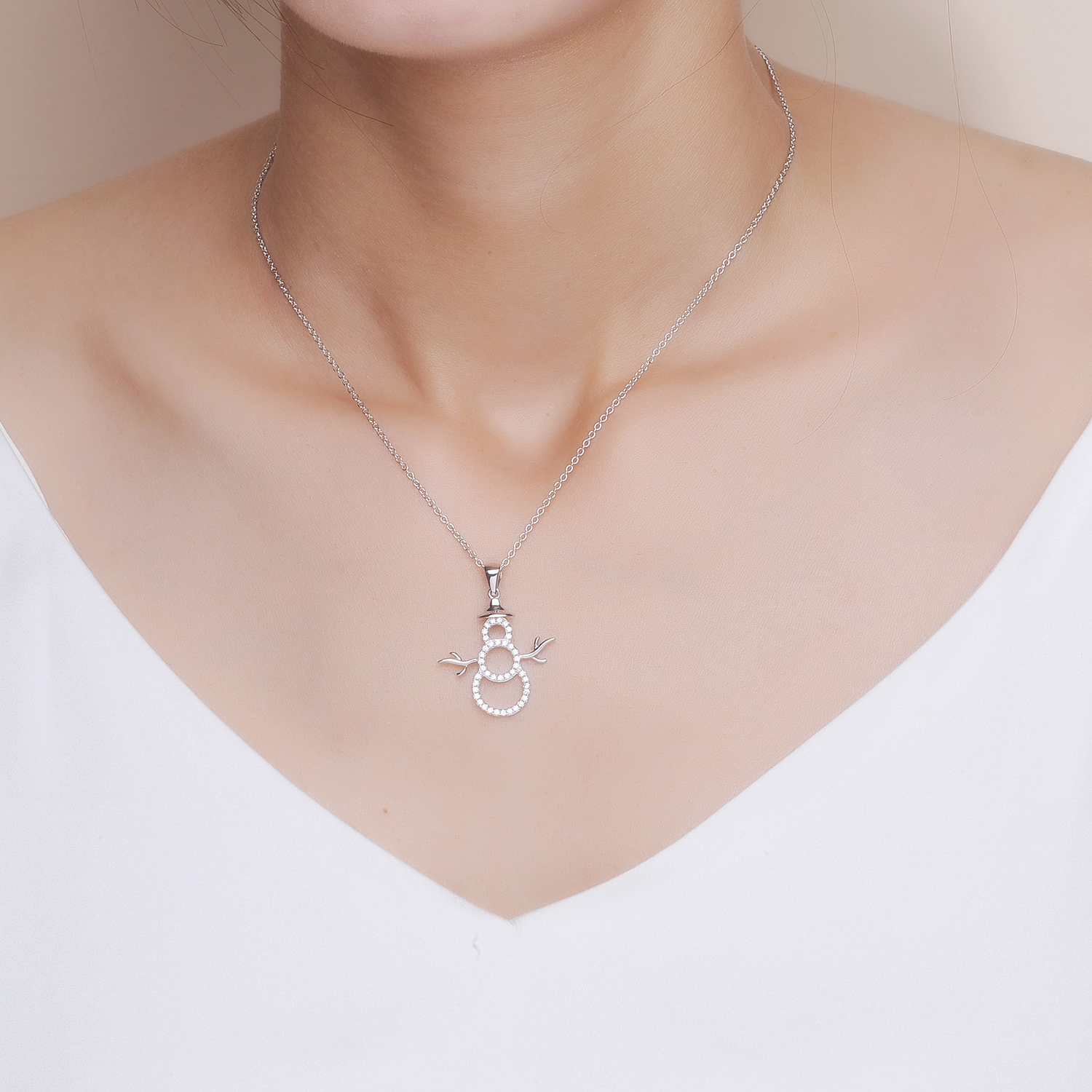 Wholesale women Jewelry 925 Sterling Silver Cubic Zirconia cute Snowman Christmas pendant Necklace(图5)