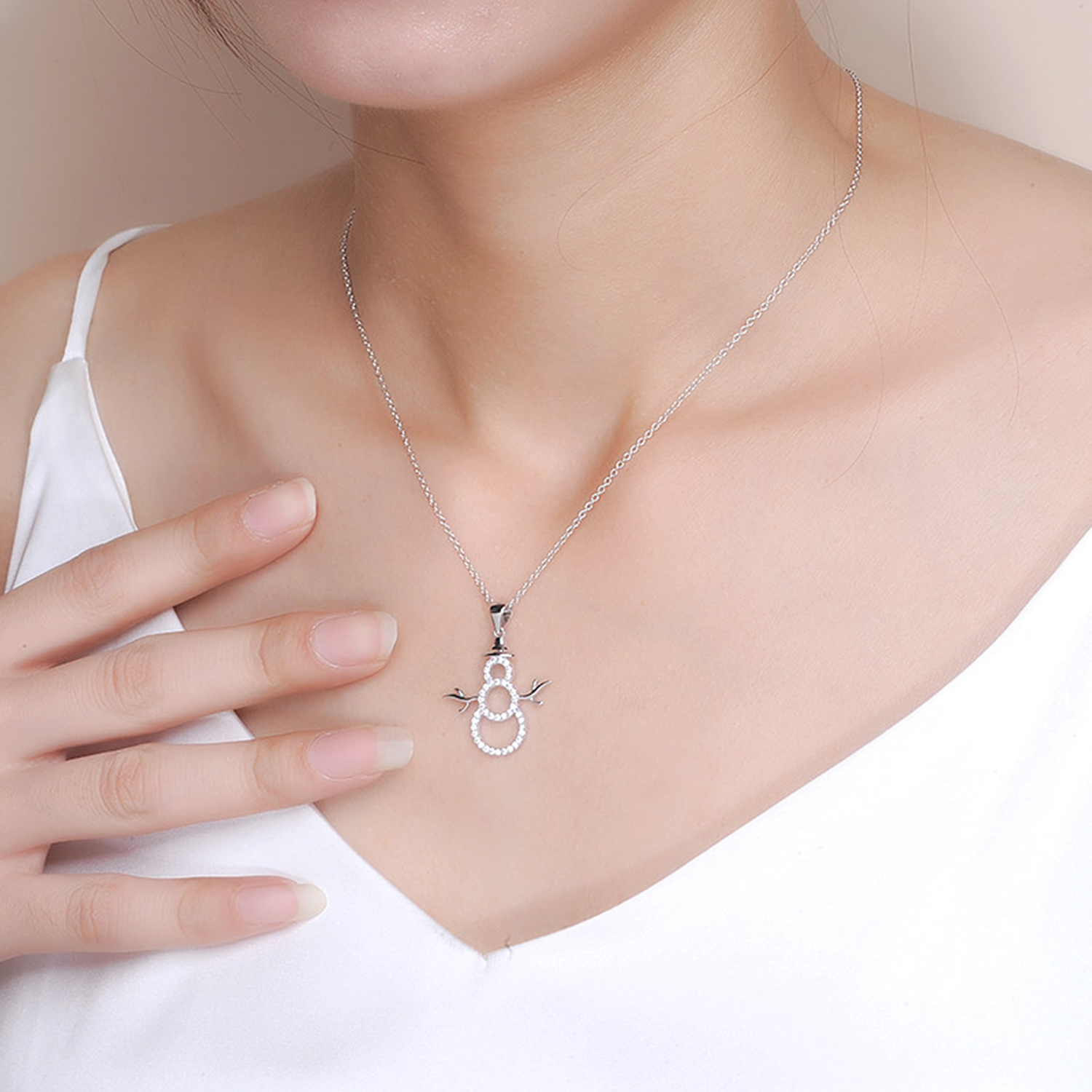 Wholesale women Jewelry 925 Sterling Silver Cubic Zirconia cute Snowman Christmas pendant Necklace(图6)