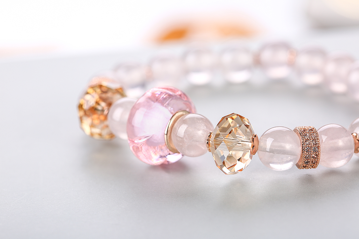 Gold Plated Charm Bracelets Jewelry Rose Quartz Round Beads Stretch Woman Natural Beads Bracelet(图6)