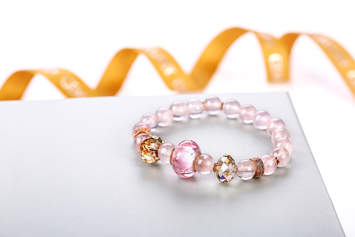 Gold Plated Charm Bracelets Jewelry Rose Quartz Round Beads Stretch Woman Natural Beads Bracelet(图4)
