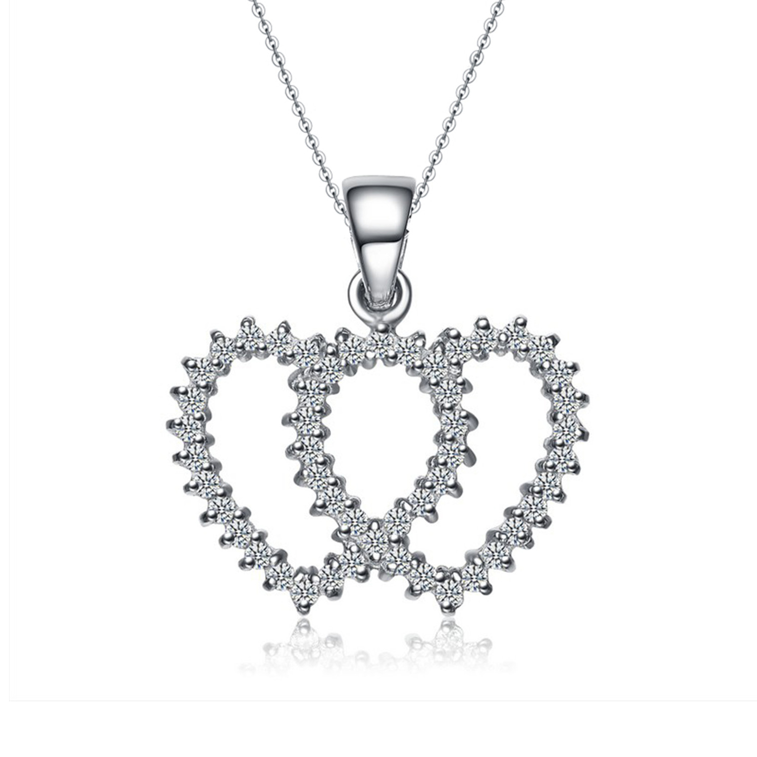 Wholesale Jewelry Cubic Zirconia 925 Sterling Silver Link ChainDouble Heart Classic Pendant Necklace(图2)
