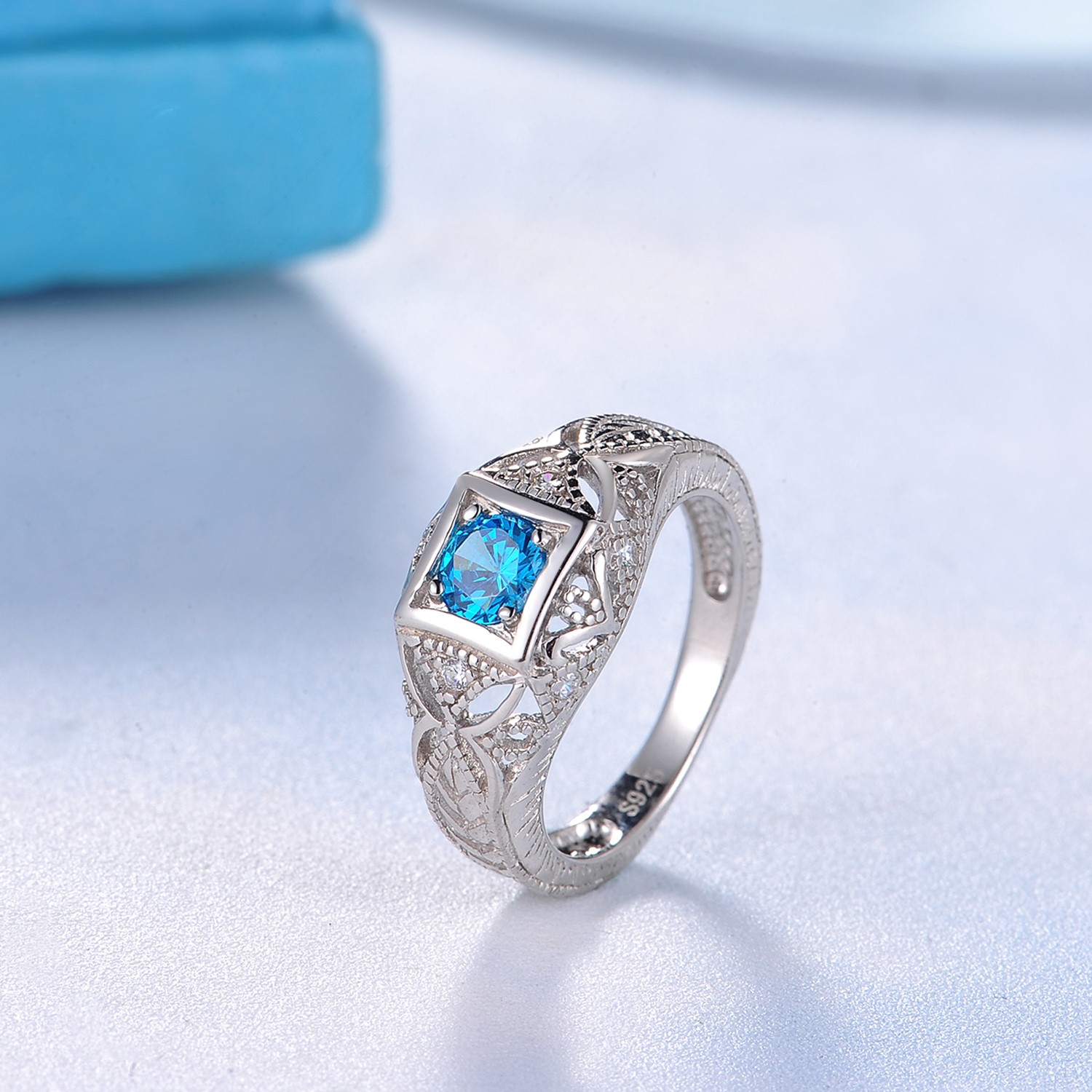 925 Sterling Silver Rhodium Plating jewelry  Statement Solitary Blue Stone Rings Women ring(图2)