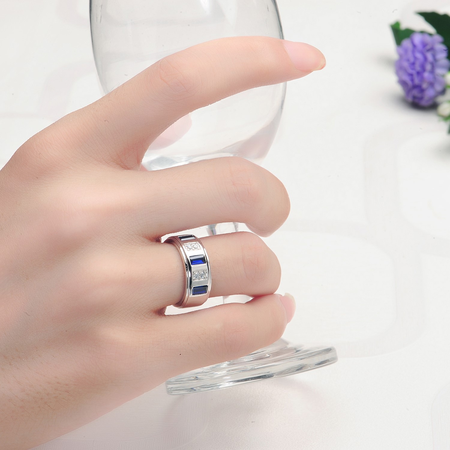 Square Synthetic Blue Sapphire Zircon Jewelry 925 Sterling Silver Ring Men Women Wedding ring(图3)