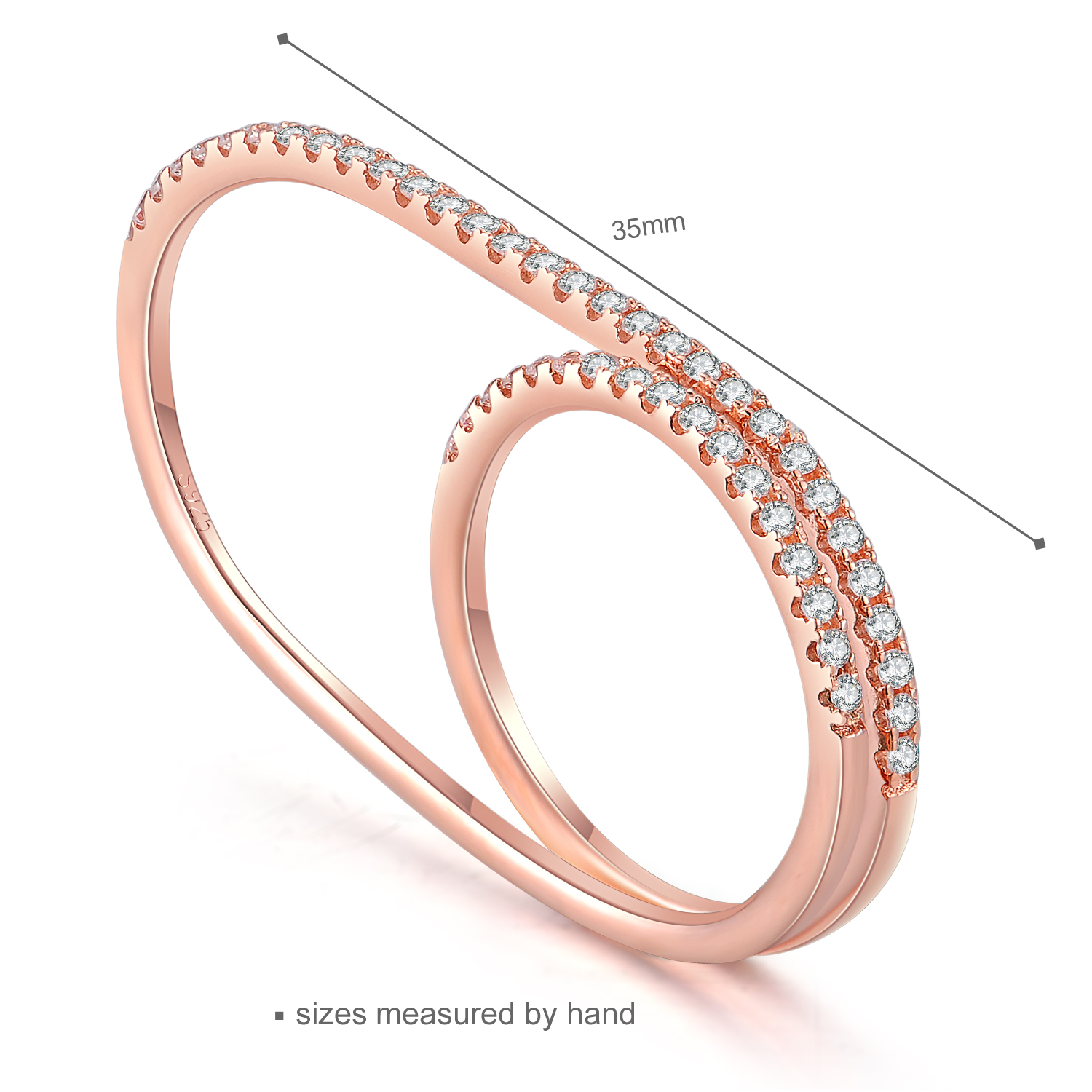 Tow Fingers Rose Gold Plated Cubic Zircon Double Women Jewelry 925 Sterling Silver Rings