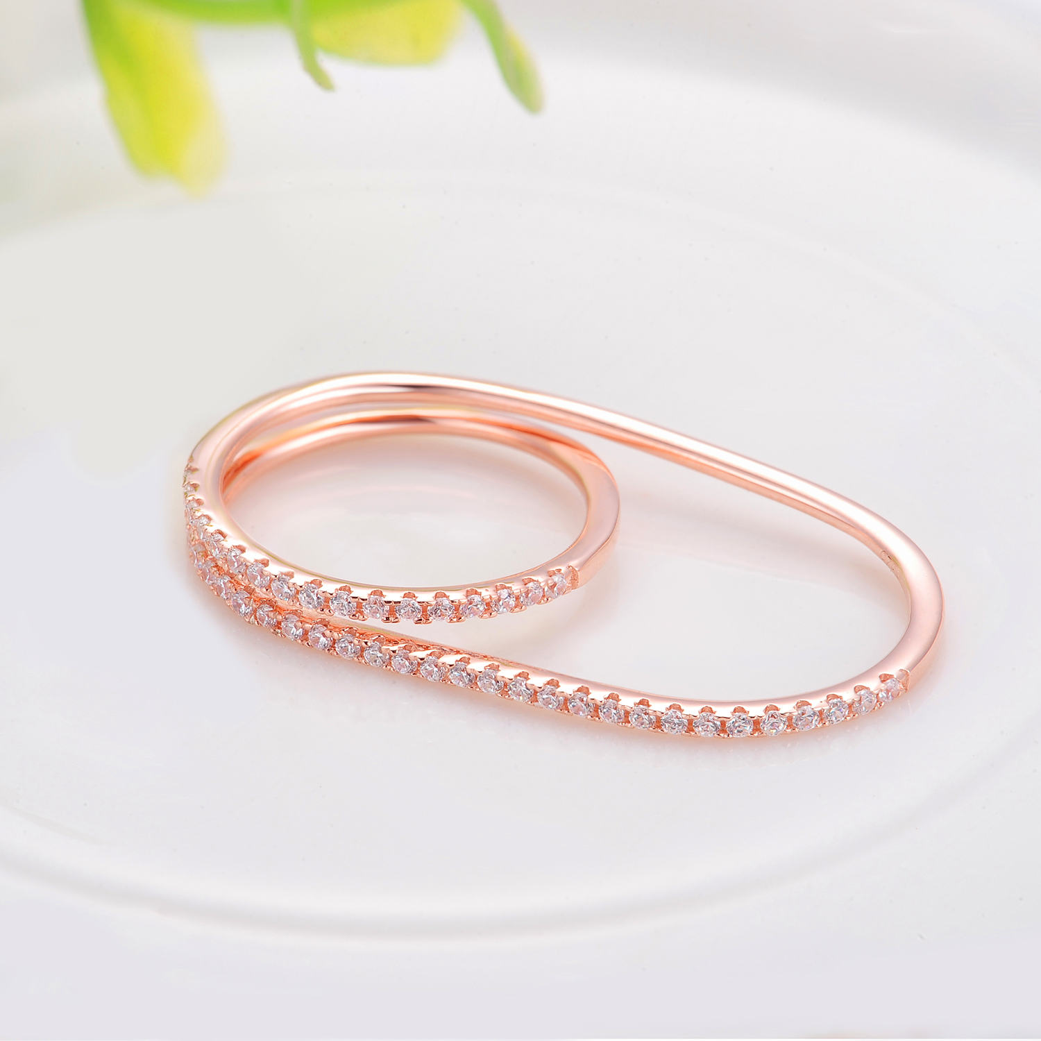 Tow Fingers Rose Gold Plated Cubic Zircon Double Women Jewelry 925 Sterling Silver Rings
