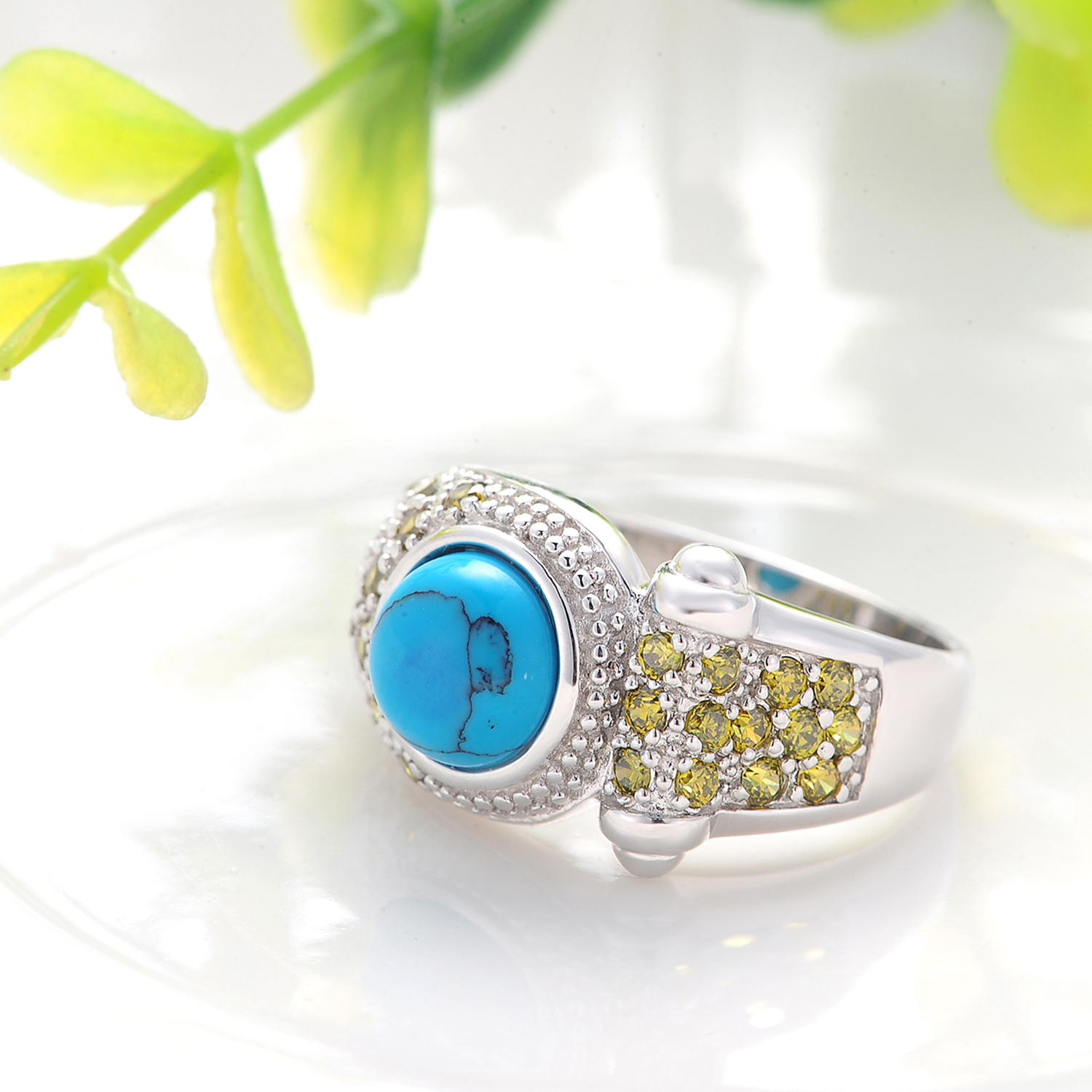 Ready to Ship Wholesale silver jewelry rings jewelry women sterling silver ring rhodium plated turquoise ring