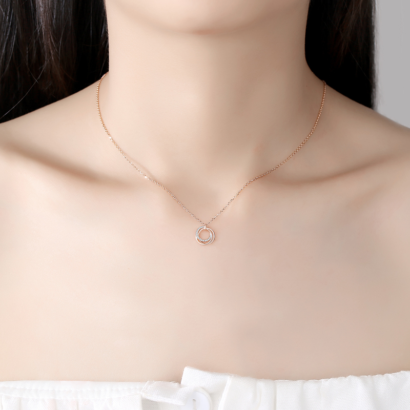 personalized Women Jewelry 925 Sterling Silver Rose Gold Plated CZ double circle pendant necklace(图7)