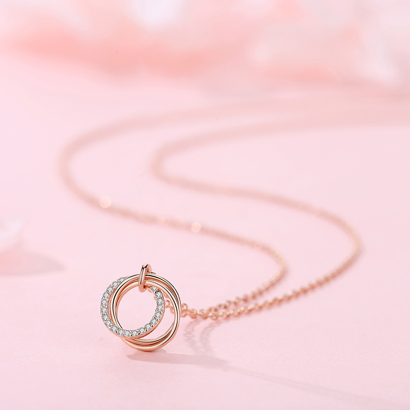 personalized Women Jewelry 925 Sterling Silver Rose Gold Plated CZ double circle pendant necklace(图5)