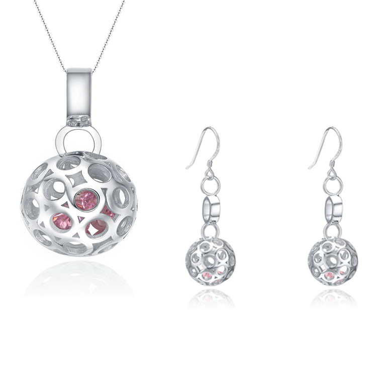 S925 Pure Sterling Silver Rhodium Plated Women Hollow Ball Pink Crystal Wedding Jewelry Set(图6)