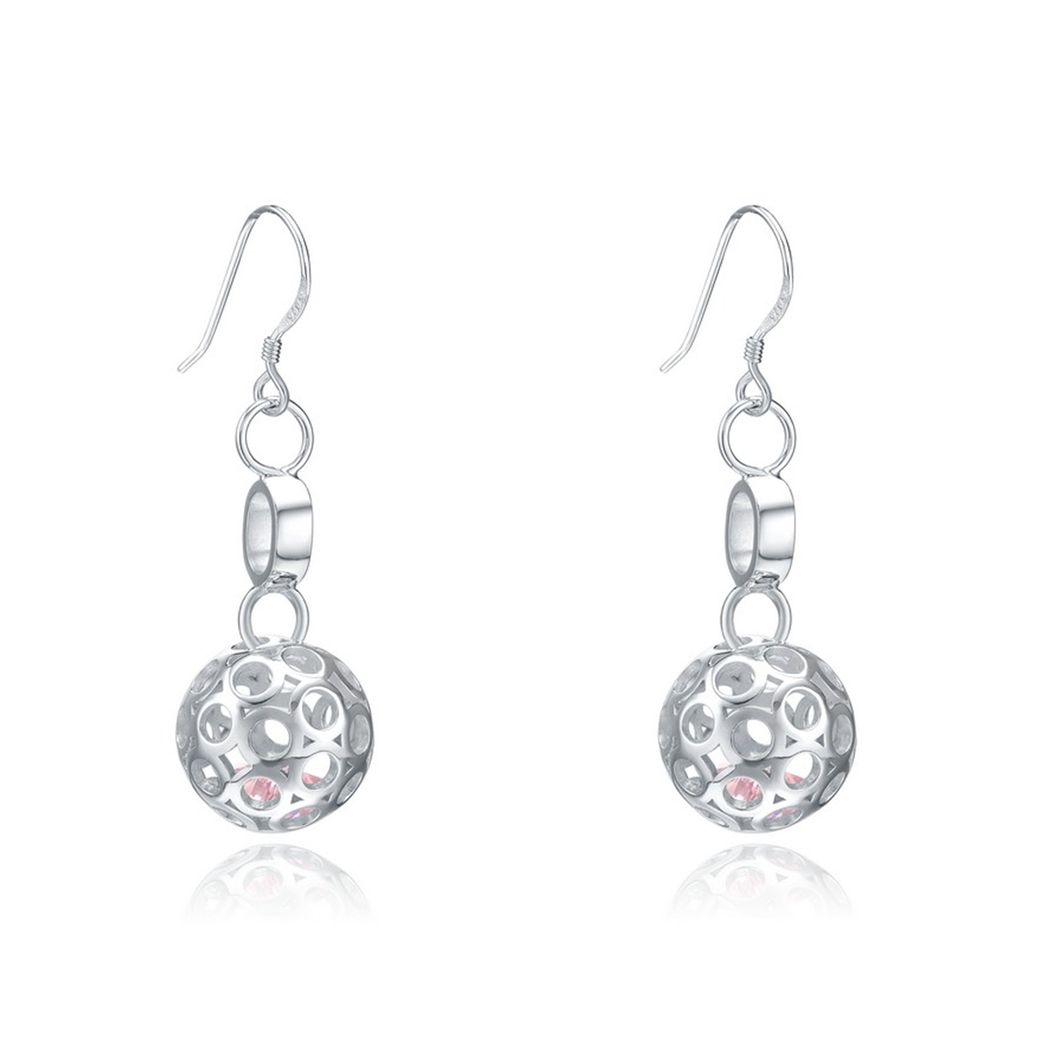 S925 Pure Sterling Silver Rhodium Plated Women Hollow Ball Pink Crystal Wedding Jewelry Set(图8)