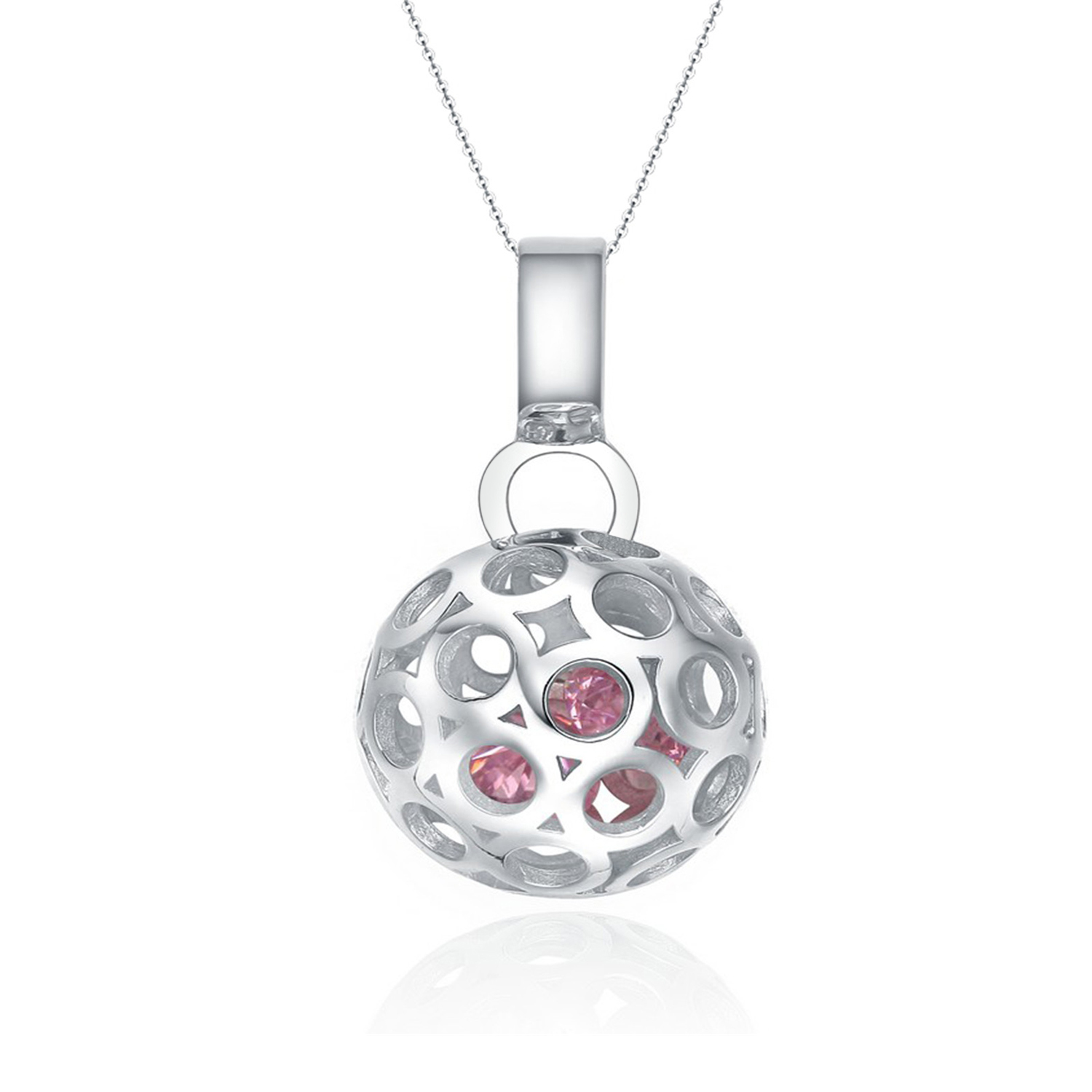 S925 Pure Sterling Silver Rhodium Plated Women Hollow Ball Pink Crystal Wedding Jewelry Set(图7)